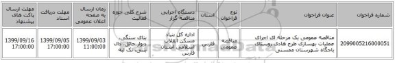 مناقصه عمومی یک مرحله ای اجرای عملیات بهسازی طرح هادی روستای باجگاه شهرستان ممسنی