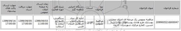 مناقصه عمومی یک مرحله ای اجرای عملیات بهسازی طرح هادی روستاهای دوان، سید حسین، کمارج مرکزی شهرستان کازرون