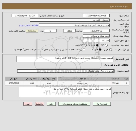 استعلام هرس و سربرداری درختان سطح شهر فارسان( 1000 اصله درخت)