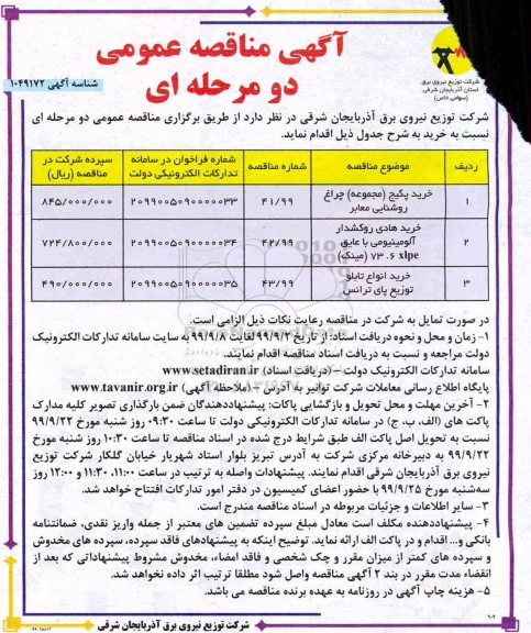 مناقصه خرید پکیج (مجموعه) چراغ روشنایی معابر ....