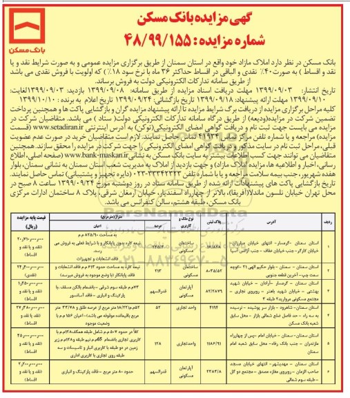 مزایده مزایده فروش املاک مازاد کاربری مسکونی و تجاری
