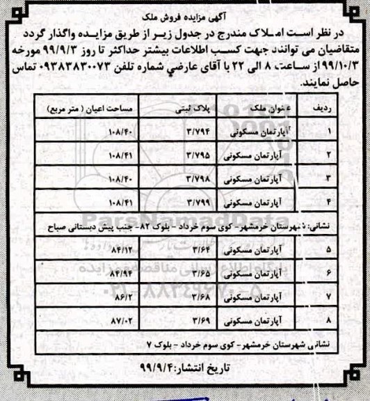 مزایده،مزایده فروش ملک آپارتمان مسکونی