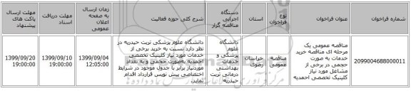 مناقصه عمومی یک مرحله ای مناقصه خرید خدمات به صورت حجمی در برخی از مشاغل مورد نیاز کلینیک تخصصی احمدیه