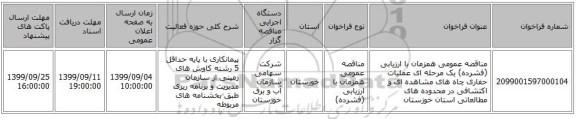 مناقصه عمومی همزمان با ارزیابی (فشرده) یک مرحله ای عملیات حفاری چاه های مشاهده ای و اکتشافی در محدوده های مطالعاتی استان خوزستان