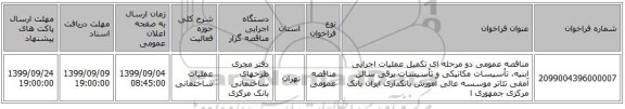 مناقصه عمومی دو مرحله ای تکمیل عملیات اجرایی ابنیه، تأسیسات مکانیکی و تأسیسات برقی سالن آمفی تئاتر موسسه عالی آموزش بانکداری ایران بانک مرکزی جمهوری ا