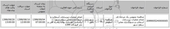 مناقصه عمومی یک مرحله ای انجام عملیات زیرسازی، آسفالت و جدولگذاری معابر سطح شهر 