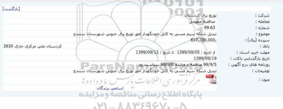 مناقصه ، مناقصه تبدیل شبکه سیم مسی به کابل خودنگهدار امور توزیع برق جنوبی