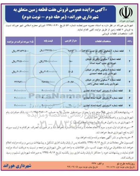 مزایده،مزایده فروش هفت قطعه زمین مسکونی مرحله دوم نوبت دوم 