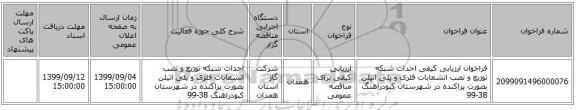 فراخوان ارزیابی کیفی احداث شبکه توزیع و نصب انشعابات فلزی و پلی اتیلن بصورت پراکنده در شهرستان کبودراهنگ 38-99