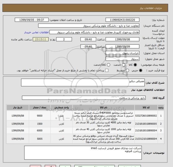 استعلام مصرفی دیالیز