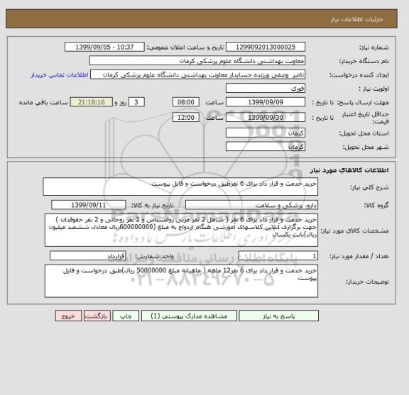 استعلام خرید خدمت و قرار داد برای 6 نفرطبق درخواست و فایل پیوست