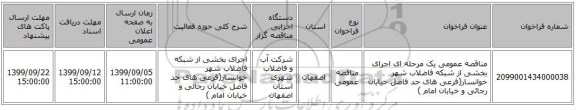 مناقصه عمومی یک مرحله ای اجرای بخشی از شبکه فاضلاب شهر خوانسار(فرعی های حد فاصل خیابان رجائی و خیابان امام )