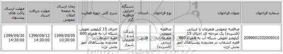 مناقصه عمومی همزمان با ارزیابی (فشرده) یک مرحله ای اجرای 15 کیلومتر تعویض شبکه آب به همراه 600 فقره انشعاب در محدوده روستاهای امور بخش ارژن 