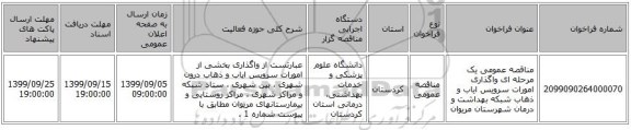 مناقصه عمومی یک مرحله ای واگذاری امورات سرویس ایاب و ذهاب شبکه بهداشت و درمان شهرستان مریوان