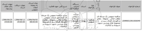 مناقصه عمومی یک مرحله ای نظافت اماکن ، محوطه ، معابر و نگهداری فضای سبز در مجموعه های ورزشی شهید شیرودی و کبکانیان