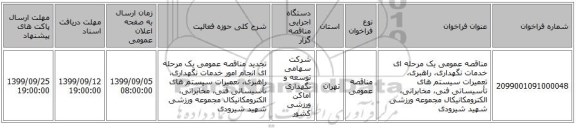مناقصه عمومی یک مرحله ای خدمات نگهداری، راهبری، تعمیرات سیستم های تأسیساتی فنی، مخابراتی، الکترومکانیکال مجموعه ورزشی شهید شیرودی
