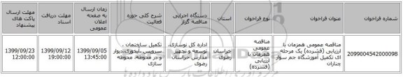 مناقصه عمومی همزمان با ارزیابی (فشرده) یک مرحله ای تکمیل آموزشگاه جم سوار چناران