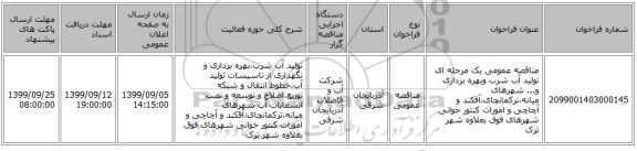 مناقصه عمومی یک مرحله ای تولید آب شرب وبهره برداری و... شهرهای میانه،ترکمانچای،آقکند و آچاچی و امورات کنتور خوانی شهرهای فوق بعلاوه شهر ترک