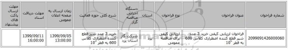 فراخوان ارزیابی کیفی خرید 3 عدد شیر قطع کننده اضطراری کلاس 600 به قطر 