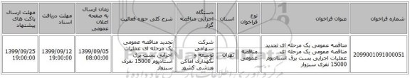 مناقصه عمومی یک مرحله ای تجدید مناقصه عمومی  یک مرحله ای عملیات اجرایی پست برق استادیوم 15000 نفری سبزوار 