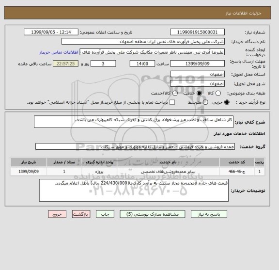 استعلام کار شامل ساخت و نصب میز پیشخوان، برق کشی و اجرای شبکه کامپیوتری می باشد.