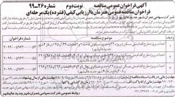 مناقصه، مناقصه احداث پروژه طرح اقدام ملی مسکن - نوبت دوم 
