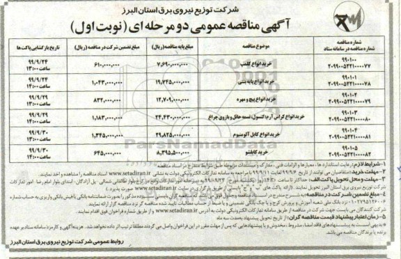 مناقصه خرید انواع کلمپ