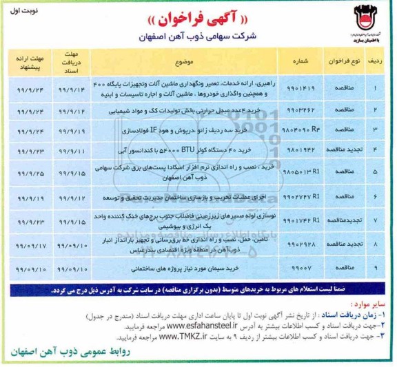 مناقصه ، مناقصه راهبری، ارائه خدمات، تعمیر و نگهداری ماشین آلات و تجهیزات پایگاه 400...
