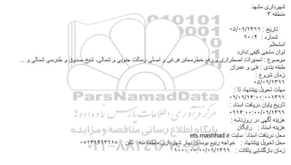 استعلام تعمیرات اضطراری و رفع خطر معابر فرعی و اصلی...