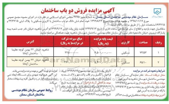 مزایده،مزایده فروش دوباب ساختمان مسکونی 