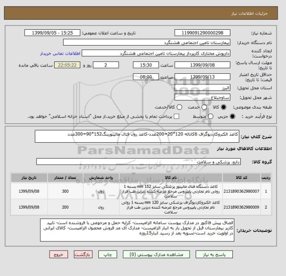 استعلام کاغذ الکتروکاردیوگراف 6کاناله 120*20=200عدد-کاغذ رول فتال ماتیتورینگ152*90=300عدد