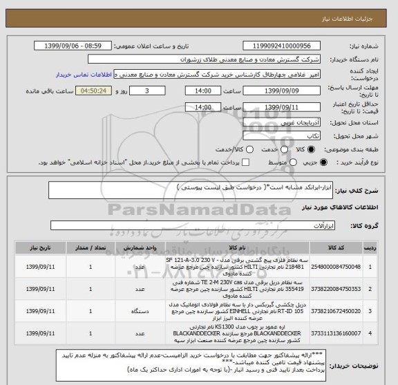 استعلام ابزار-ایرانکد مشابه است*( درخواست طبق لیست پیوستی )