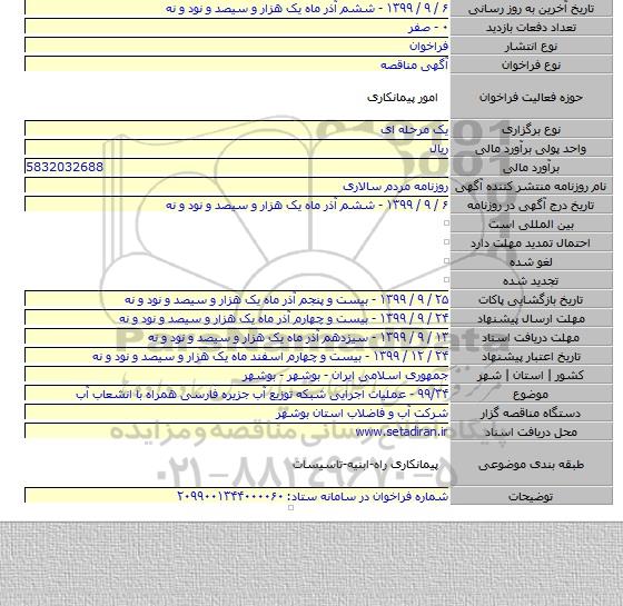 ۹۹/۳۴ - عملیات اجرایی شبکه توزیع آب جزیره فارسی همراه با انشعاب آب