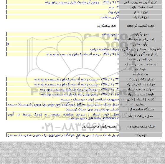 تبدیل شبکه سیم مسی به کابل خودنگهدار امور توزیع برق جنوبی شهرستان سنندج