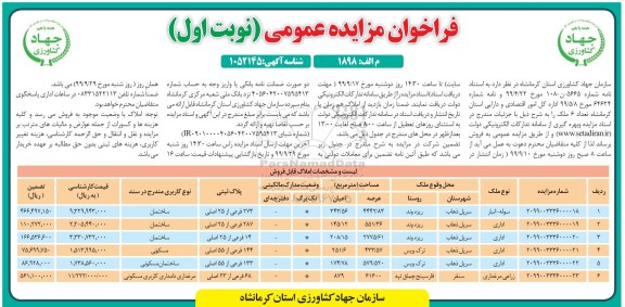مزایده،مزایده فروش 6 ملک کاربری اداری و زراعی نوبت اول 