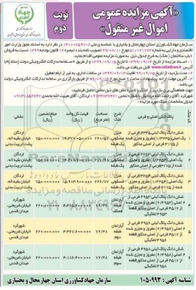 مزایده فروش 6 باب ساختمان ملک مسکونی