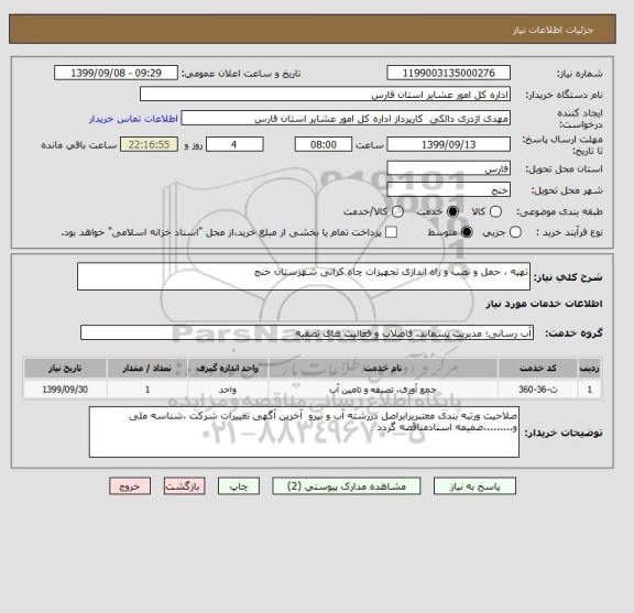 استعلام تهیه ، حمل و نصب و راه اندازی تجهیزات چاه کرانی شهرستان خنج 