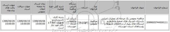 مناقصه عمومی یک مرحله ای عملیات اجرایی بازسازی تابو برق های تصفیه خانه ها و ایستگاه های پمپاژ آب و فاضلاب شهرها و روستاهای استان خوزستان