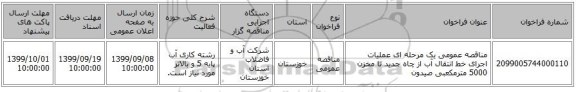 مناقصه عمومی یک مرحله ای عملیات اجرای خط انتقال آب از چاه جدید تا مخزن 5000 مترمکعبی صیدون