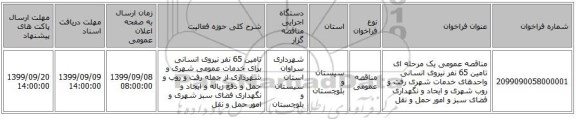 مناقصه عمومی یک مرحله ای تامین 65 نفر نیروی انسانی واحدهای خدمات شهری رفت و روب شهری و ایحاد و نگهداری فضای سبز و امور حمل و نقل