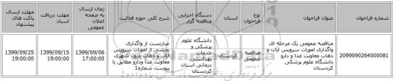 مناقصه عمومی یک مرحله ای واگذاری امورات سرویس ایاب و ذهاب معاونت غذا و دارو دانشگاه علوم پزشکی کردستان