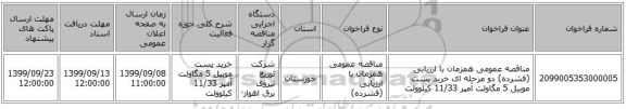 مناقصه عمومی همزمان با ارزیابی (فشرده) دو مرحله ای خرید پست موبیل 5 مگاولت آمپر 11/33 کیلوولت