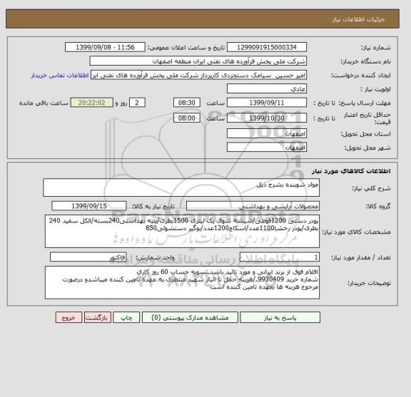 استعلام مواد شوینده بشرح ذیل