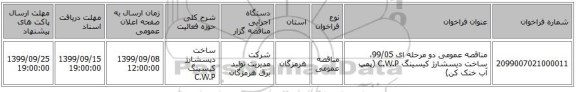مناقصه عمومی دو مرحله ای 99/05، ساخت دیسشارژ کیسینگ C.W.P (پمپ آب خنک کن)
