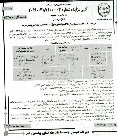 مزایده،مزایده فروش دوباب ساختمان مسکونی 412 و 226.5 مترمربع مرحله سوم نوبت اول