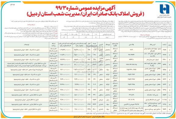 مزایده  مزایده فروش املاک کاربری مسکونی و تجاری و دامداری شماره 99/3 نوبت اول 