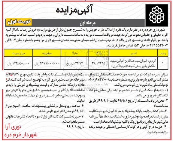 مزایده،مزایده فروش یک فقره از املاک مازاد 34.77 مترمربع نوبت اول