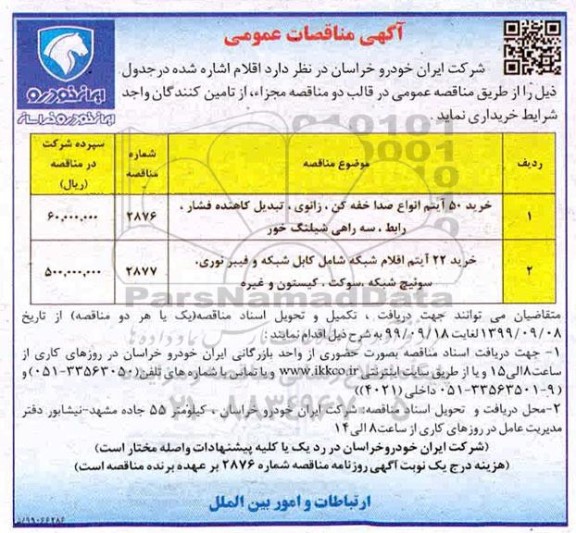 مناقصات خرید 50 آیتم انواع صدا خفه کن 