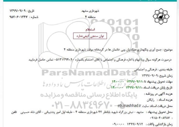 استعلام, استعلام جمع آوری و نگهداری متکدیان و بی خانمان ها در گرمخانه 