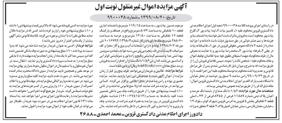 مزایده،مزایده 1.56 دانگ مشاع از ششدانگ عرصه و اعیات پلاک نوبت اول